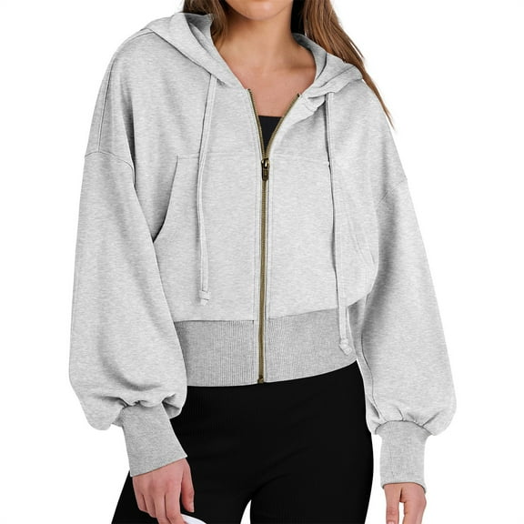 UYISJ Women's Crop Zip Up Hoodies Casual Long Sleeve Hooded Outerwear Cropped Full Zipper Sweatshirts with Pockets Gray M