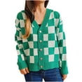 thumbnail image 1 of UYISJ Women's Cropped Cardigan Sweater Plaid Long Sleeve Button V Neck Tops Open Front Knit Outerwear Green M, 1 of 4