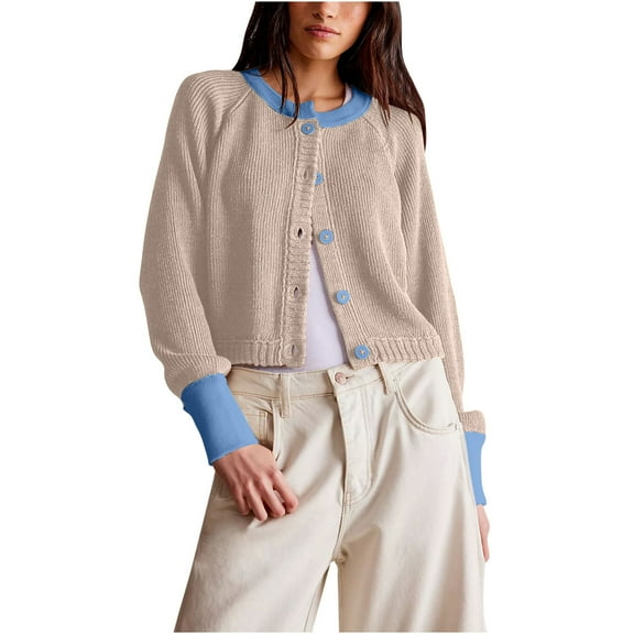 UYISJ Women's Cropped Cardigan Sweaters Fall Long Sleeve Open Front Cardigans Button Down Color Block Crewneck Knit Outwear Coats Beige M