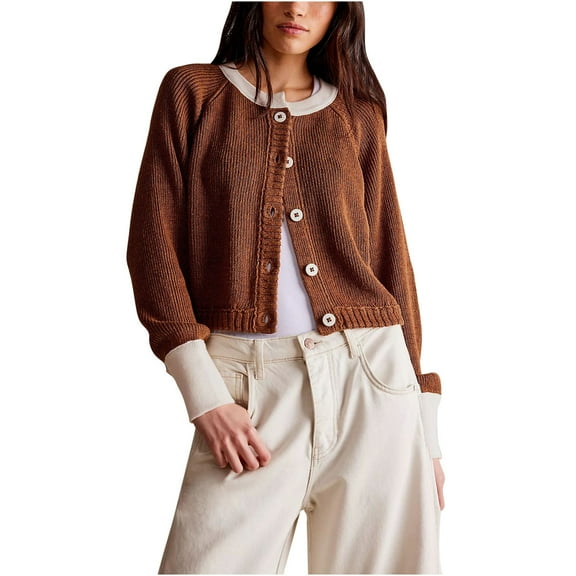 UYISJ Women's Cropped Cardigan Sweaters Fall Long Sleeve Open Front Cardigans Button Down Color Block Crewneck Knit Outwear Coats Coffee M
