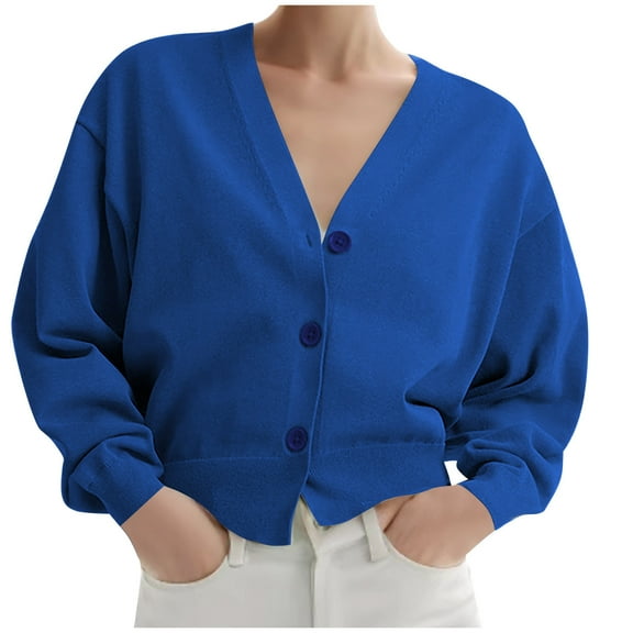 UYISJ Women's Cropped Cardigan V Neck Button Down Knitted Sweater Long Lantern Sleeve Coats Casual Solid Color Outerwear Blue XL