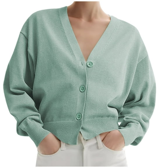 UYISJ Women's Cropped Cardigan V Neck Button Down Knitted Sweater Long Lantern Sleeve Coats Casual Solid Color Outerwear Green L