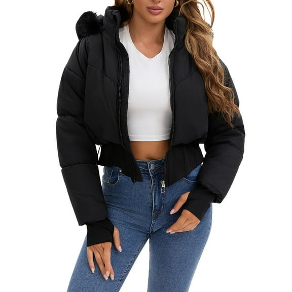 UYISJ Women's Cropped Puffer Jacket Faux Fur Hooded Winter Warm Padded Coat Stand Collar Quilted Down Coats with Zip Pocket Black L
