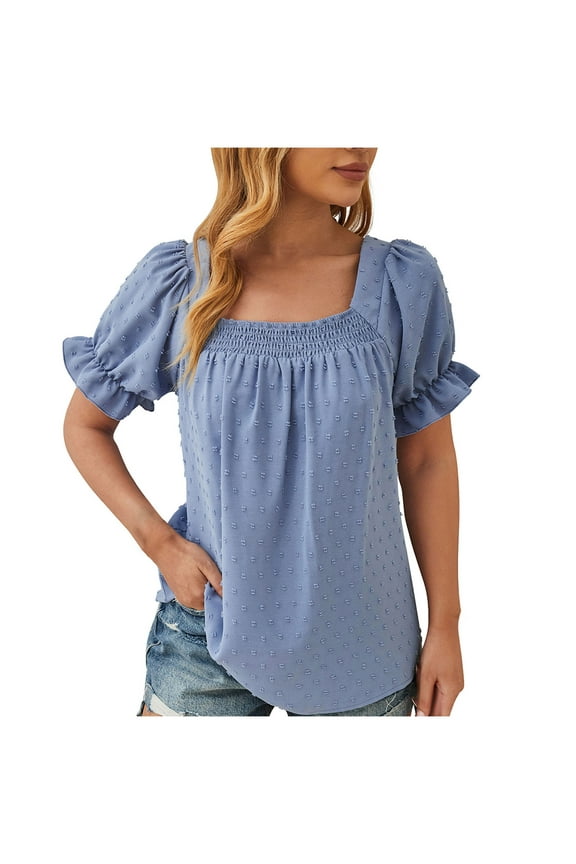 Women's Cute Tops Square Neck Short Sleeve Blouse Swiss Dot Flowy Tunic Tops for Summer Loose Fit Babydoll Blouse