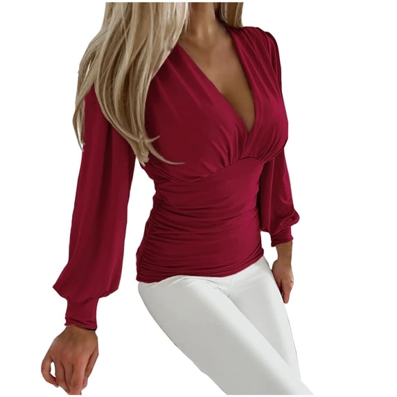 UYISJ Women's Deep V Neck Pleated Ruched Tops Puff Long Sleeve Slim Fit Shirts Solid Color Blouse