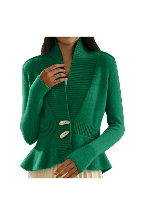 Women's Deep V Neck Retro Knit Cardigan Long Sleeve Button Down Peplum Knit Sweater Ruffle Hem Sweater