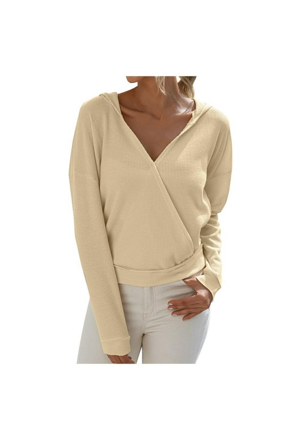 Women's Deep V Neck Wrap Front Sweaters Long Sleeve Sweatshirt Fashion Casual Waffle Knit Pullover Tops Jumper Tops Beige L