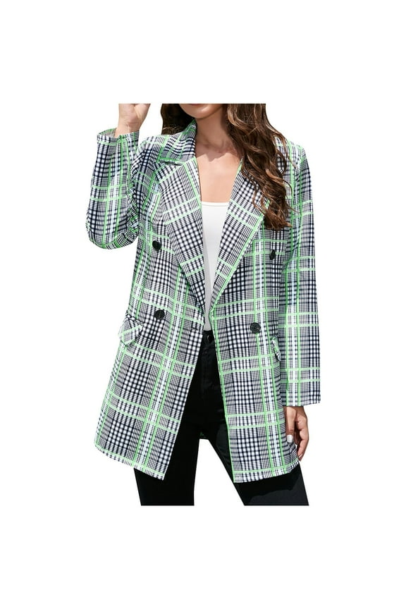 Women's Double Breasted Blazers Notched Lapel Coat Fall Belted Mid Long Outerwear Casual Solid Color Jacket Green L