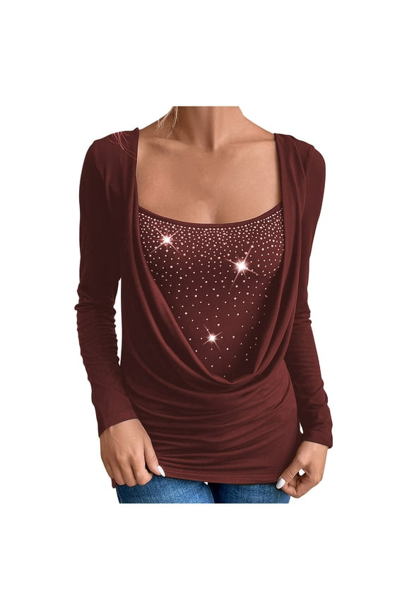 Women's Draped Cowl Neck Ruched Front Tops Rhinestone Sparkly Long Sleeve Blouses Dressy Causal Slim Fitted Shirts
