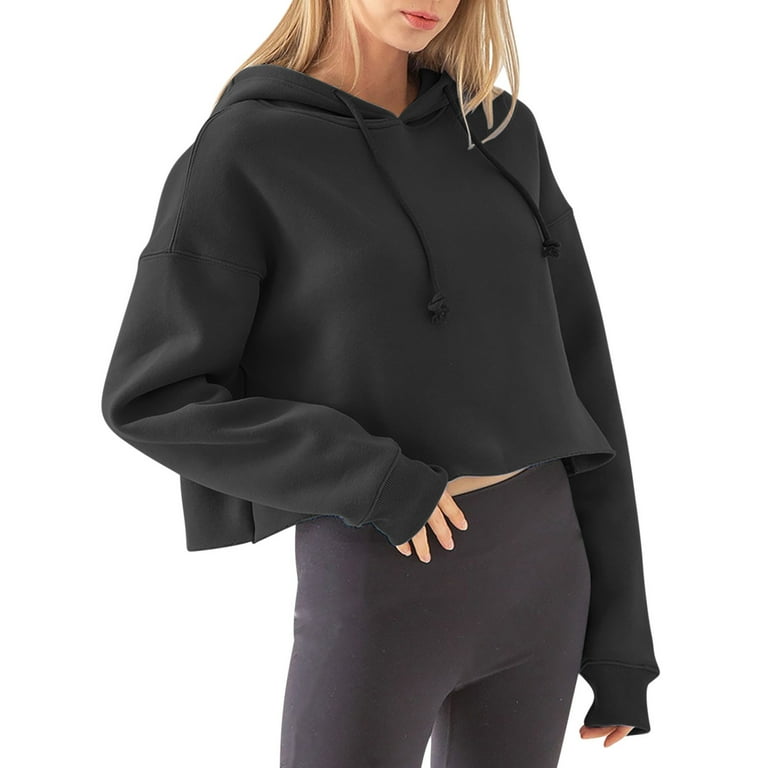 UYISJ Women s Drawstring Cropped Hoodie Casual Solid Color Hoodies Workout Crop Tops Sweatshirt Long Sleeve Crop Top