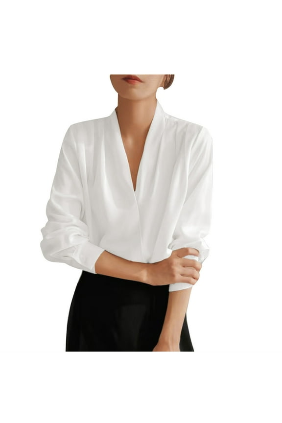 Women's Elegant Blouse Fashion Solid Color Long Sleeve Wrap V Neck Loose Fit Pullover Blouses Work Business Offiec Shirts S