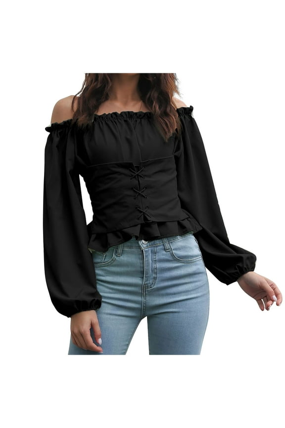 Women's Elegant Long Sleeve Off Shoulder Top Tie Front Ruffle Hem Chiffon Solid Color Blouse