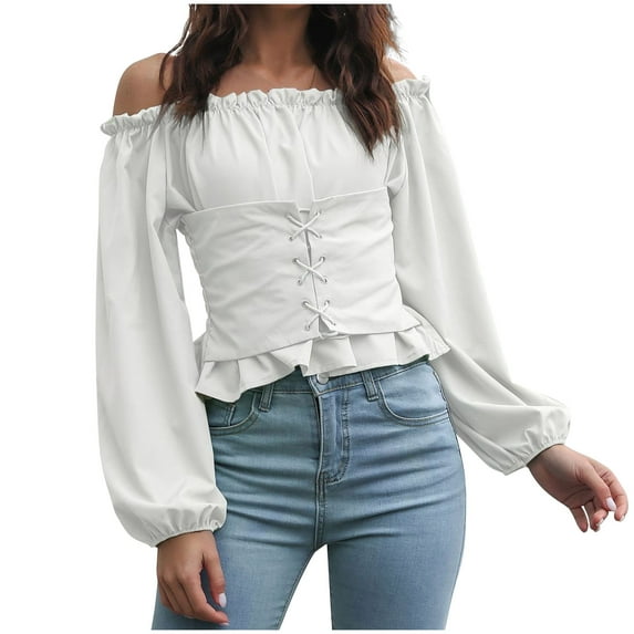 UYISJ Women's Elegant Long Sleeve Off Shoulder Top Tie Front Ruffle Hem Chiffon Solid Color Blouse