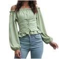 thumbnail image 1 of UYISJ Women's Elegant Long Sleeve Off Shoulder Top Tie Front Ruffle Hem Chiffon Solid Color Blouse, 1 of 8
