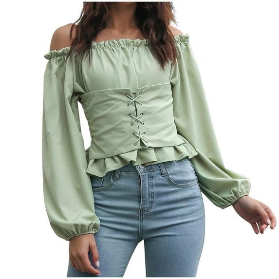 UYISJ Women's Elegant Long Sleeve Off Shoulder Top Tie Front Ruffle Hem Chiffon Solid Color Blouse