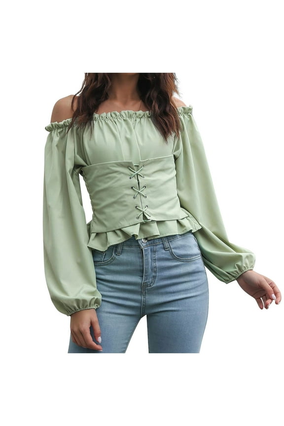 Women's Elegant Long Sleeve Off Shoulder Top Tie Front Ruffle Hem Chiffon Solid Color Blouse
