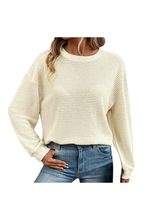 Women's Fall Long Sleeve Crew Neck Waffle Knit Casual Loose Oversized Pullover Sweater Loose Fit Jumper Tops Beige XL