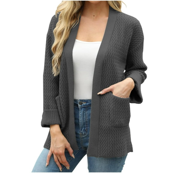 UYISJ Women's Fall Open Front Sweaters Waffle Knit Cardigan Long Sleeve Cozy Knit Sweaters Casual Solid Color Knitwear with Pockets S