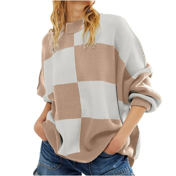 UYISJ Women's Fall Turtleneck Sweaters Long Sleeve Plaid Ribbed Knit Loose Pullover Casual Color Blocked Sweater Tops Khaki L