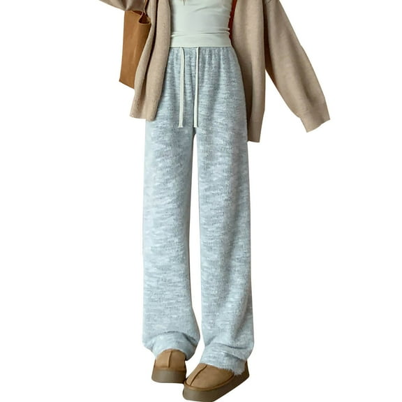 UYISJ Women's Fall Winter Elastic High Waist Straight Leg Pant Casual Sweatpants Plush Knitted Pant Trendy Lounge Pants Gray S
