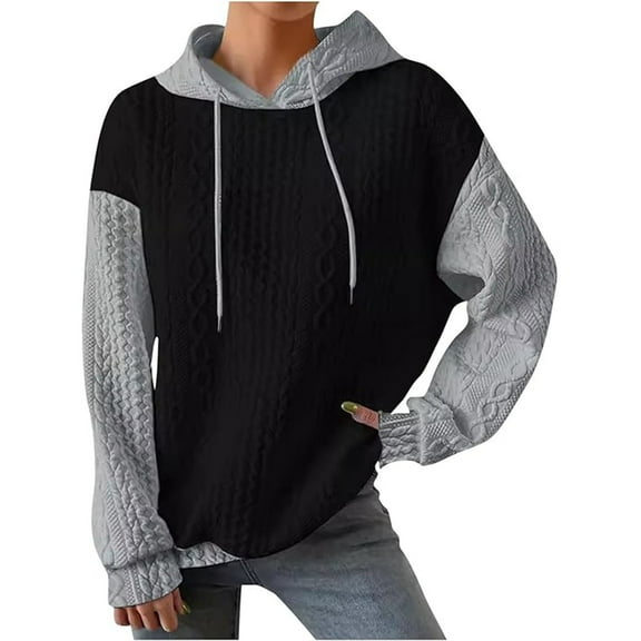 UYISJ Women's Fall Winter Hoodies Waffle Knit Color Block Sweatshirt Long Sleeve Drawstring Casual Lightweight Pullover Tops L