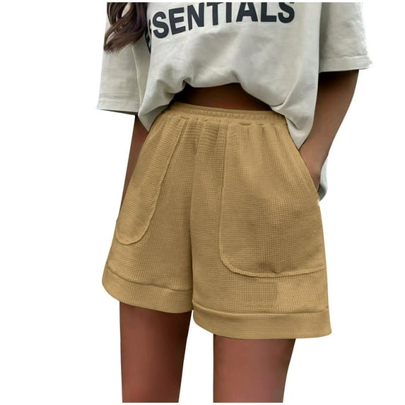 UYISJ Women's Fashion Shorts Waffle Knit Casual Summer Shorts Loose Fitted Elastic Waist Shorts with Pockets Solid Color Shorts Coffee M