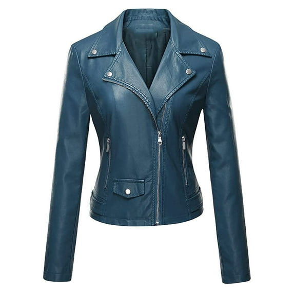UYISJ Women's Faux Leather Moto Biker Short Coat Jacket Fashion Long Sleeve Lapel Solid Color Jackets with Zipped Pockets Blue XL