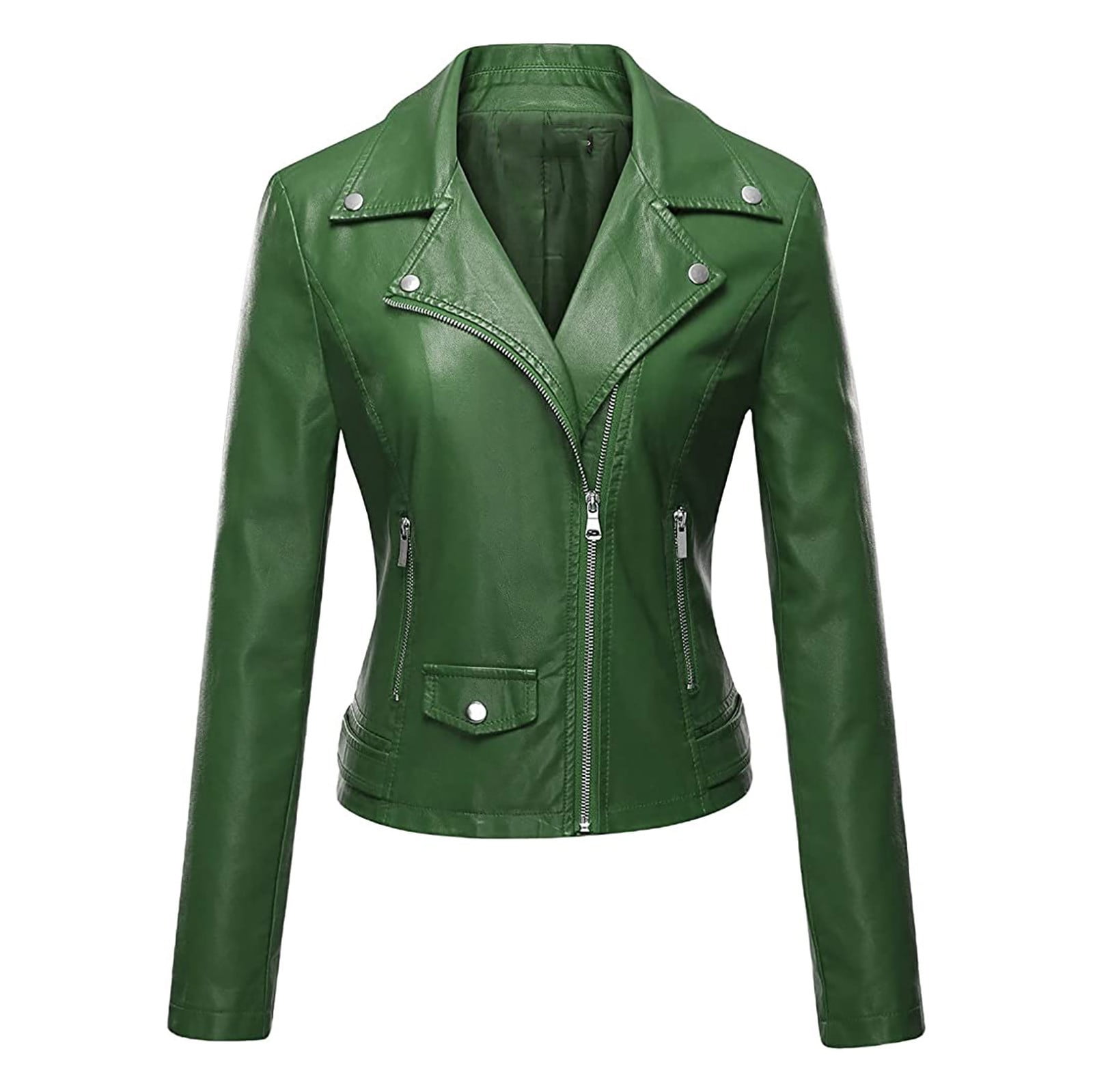 UYISJ Women's Faux Leather Moto Biker Short Coat Jacket Fashion Long Sleeve Lapel Solid Color Jackets with Zipped Pockets Green S