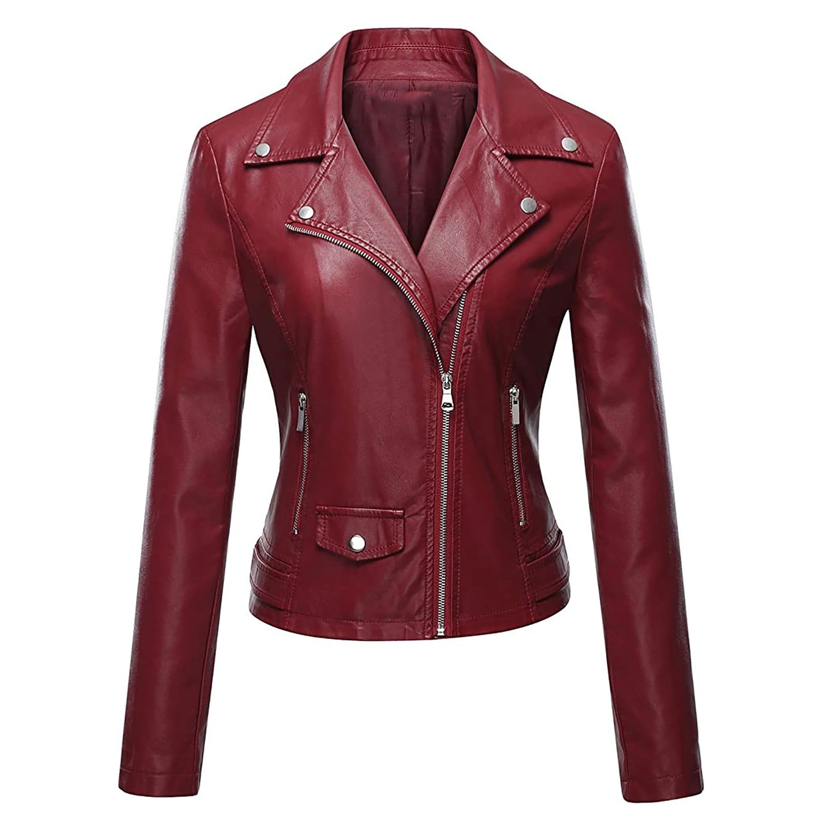 UYISJ Women's Faux Leather Moto Biker Short Coat Jacket Fashion Long Sleeve Lapel Solid Color Jackets with Zipped Pockets Wine L