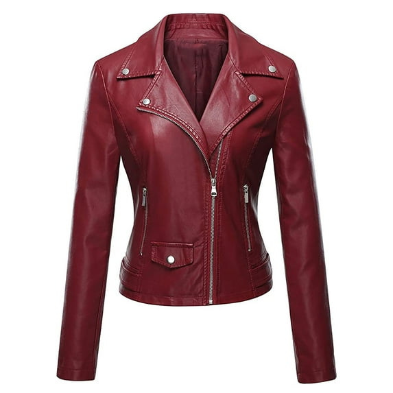 UYISJ Women's Faux Leather Moto Biker Short Coat Jacket Fashion Long Sleeve Lapel Solid Color Jackets with Zipped Pockets Wine L