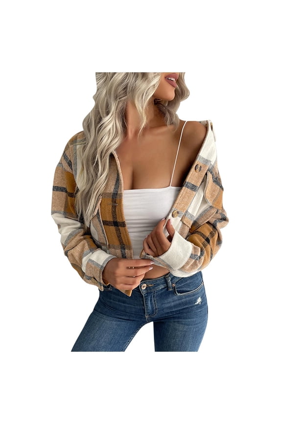 Women's Flannel Cropped Plaid Shacket Jacket Button Down Long Sleeve Shirts Tops Lapel Collar Printing Outerwear Khaki L