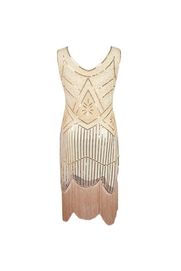 Women's Flapper Dress 1920s Dresses Gatsby Dresses Vintage Roaring 20's Sequins Tassel Beaded Sleeveless Dress BeigeS