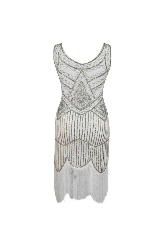 Women's Flapper Dress 1920s Dresses Gatsby Dresses Vintage Roaring 20's Sequins Tassel Beaded Sleeveless Dress White3XL
