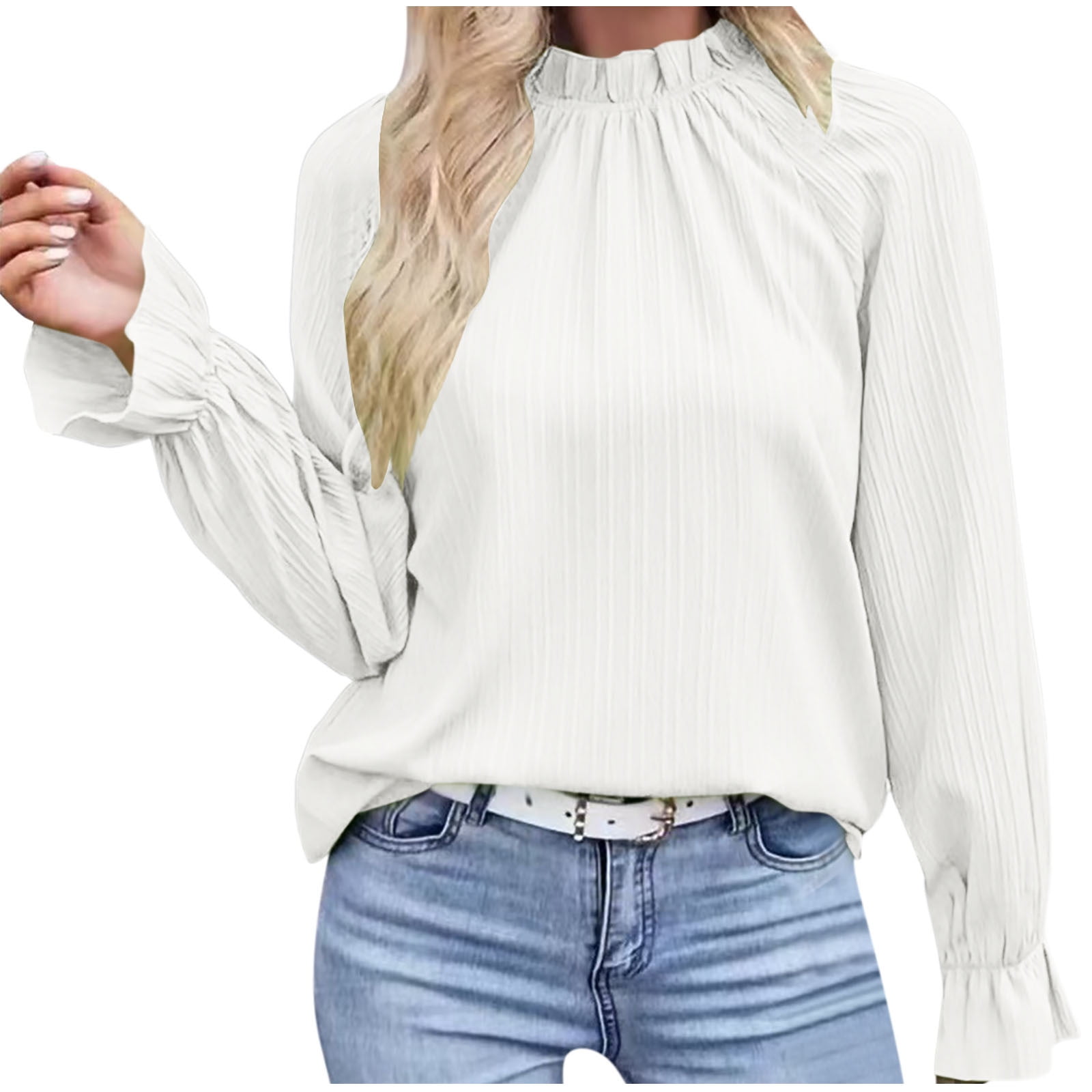 UYISJ Women's Frill Mock Neck Pleated Tops Puff Long Sleeve Ruffle