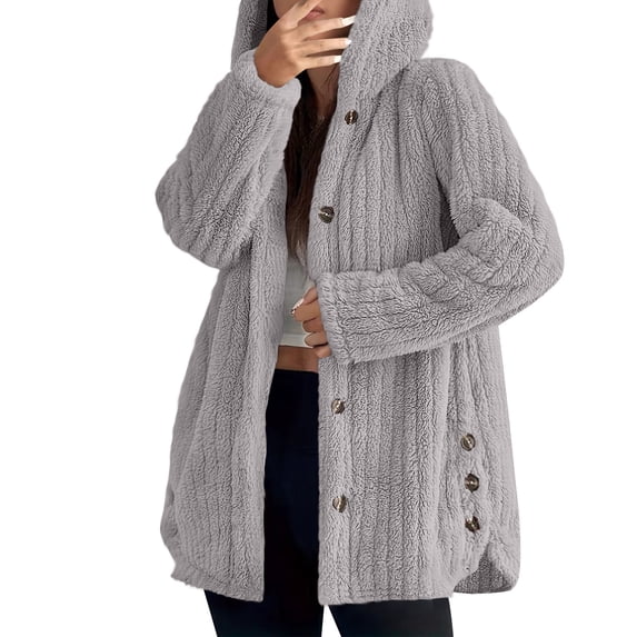 UYISJ Women's Fuzzy Sherpa Fleece Jacket Coat Button Down Open Front Cardigan Jacket with Hood Y2K Side Split Warm Winter Coats Gray S