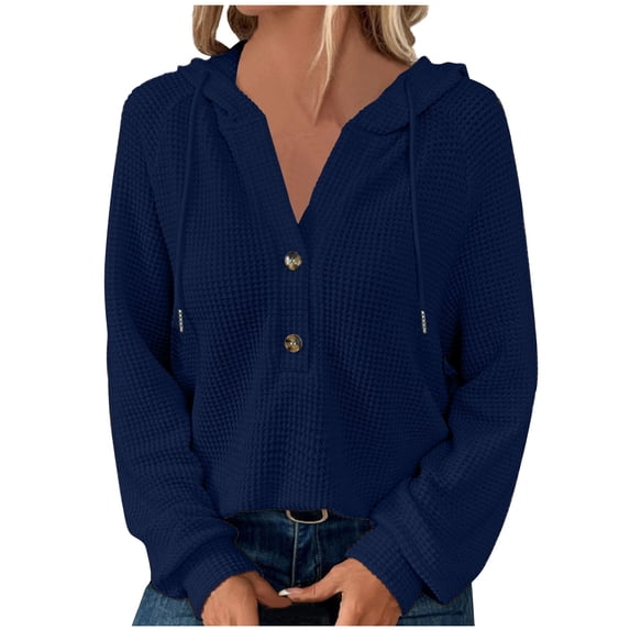 UYISJ Women's Hoodies Sweatshirts Waffle Knit Button V Neck Hoodie Pullover Casual Long Sleeve Hooded Tops