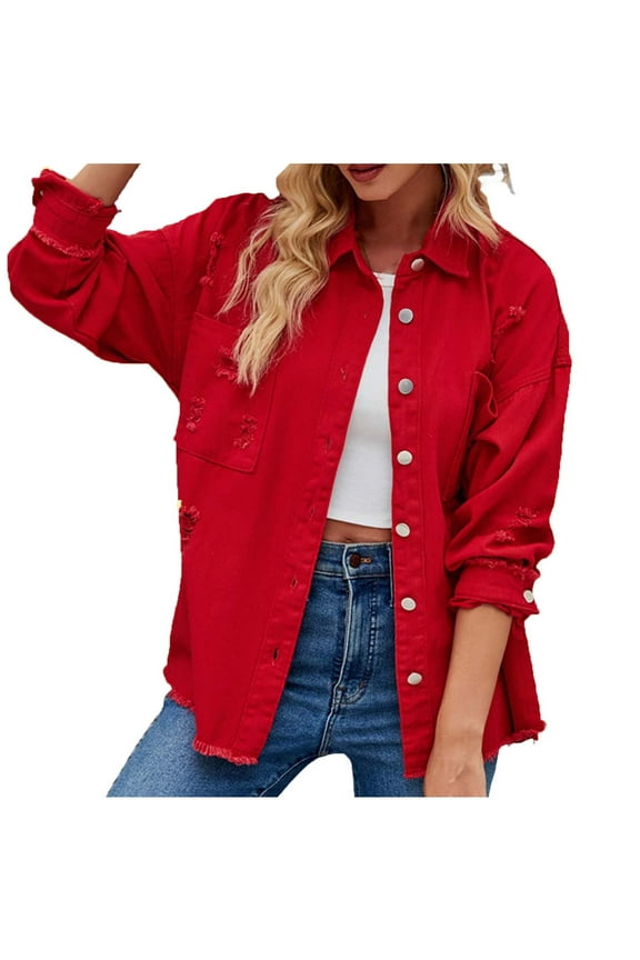 Women's Jean Jacket Ripped Fringe Distressed Washed Button Down Frayed Casual Denim Shacket with Pockets Red XL