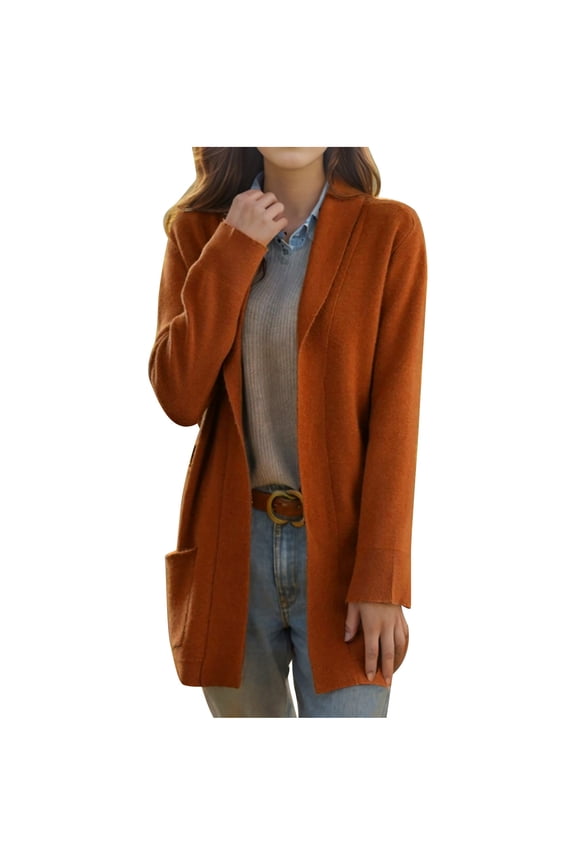 Women's Knit Cardigan Open Front Long Sleeve Sweater with Pockets Lightweight Fall Trendy Dressy Casual Tops Brown M