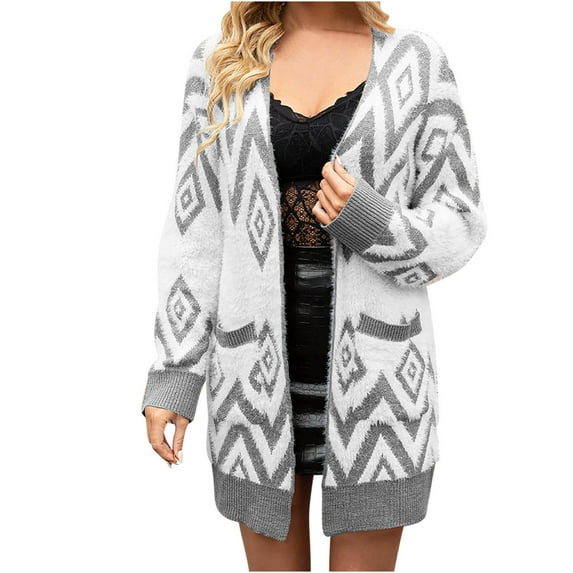 UYISJ Women's Knitted Cardigan Geometric Pattern Long Sleeve Coats Drop Shoulder Open Front Sweater Fall Thermal Knitwear Gray S