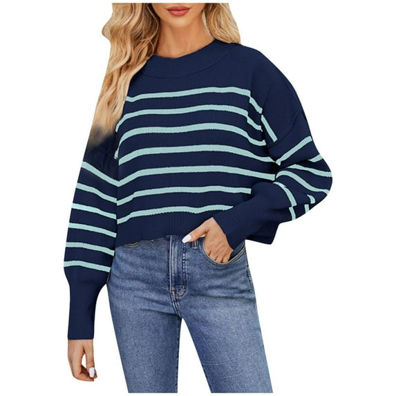 UYISJ Women's Lantern Long Sleeve Sweaters Crew Neck Striped Crop Pullovers Ribbed Knit Fall Color Blocked Jumper Tops Dark Blue L