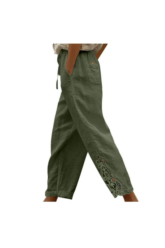 Women's Linen Cotton Pants Lightweight Drawstring Elastic Waist Pants with Pockets Capri