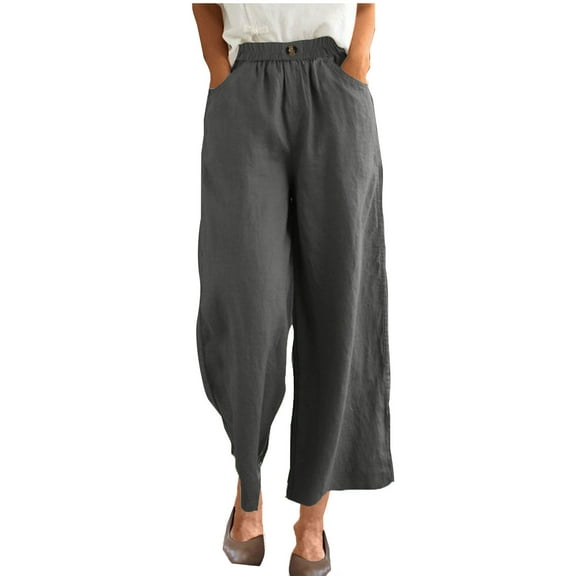 UYISJ Women's Linen Wide Leg Long Pants Casual Elastic Waist Drawstring Trousers Fall Open Bottom Trousers with Pockets Dark Gray S