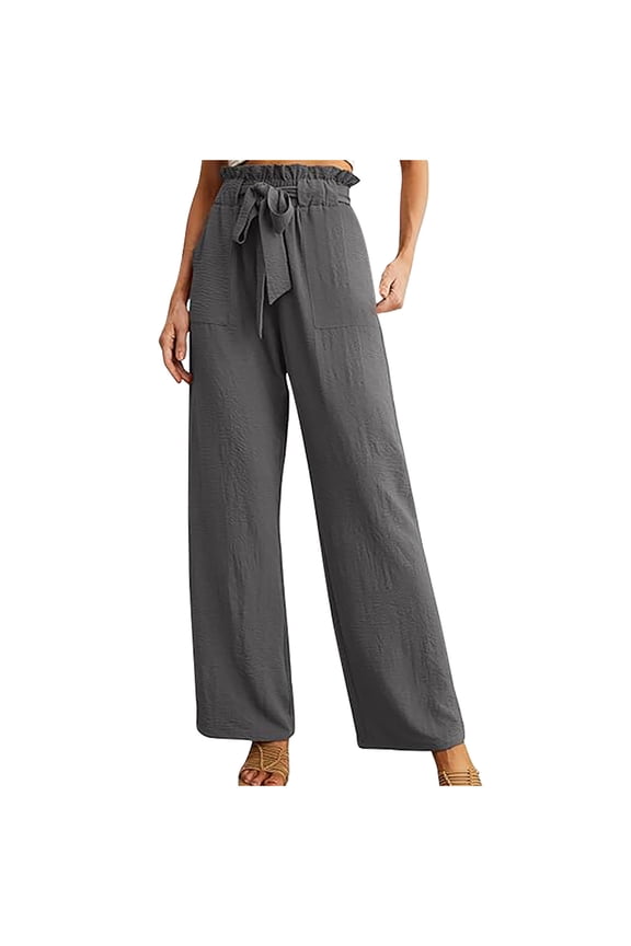Women's Linen Wide Leg Pants Summer Palazzo Trousers High Waisted Wide Self-tie Belted Flowy Beach Pants with Pockets Gray L