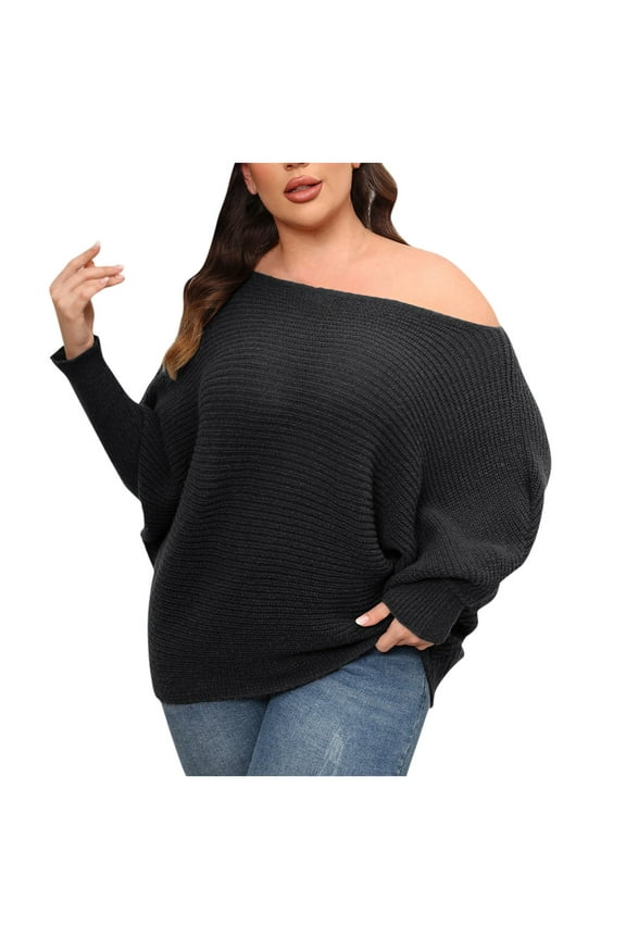 Women's Long Bat Sleeves Ribbed Knit Sweater Crew Neck Loose Fit Solid Plus Size Cozy Sweaters Pullover Jumper Tops 3XL