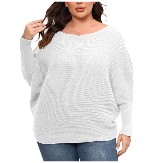 UYISJ Women's Long Bat Sleeves Ribbed Knit Sweater Crew Neck Loose Fit Solid Plus Size Cozy Sweaters Pullover Jumper Tops White 3XL