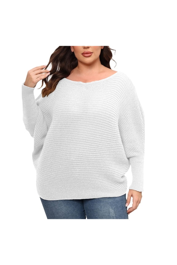 Women's Long Bat Sleeves Ribbed Knit Sweater Crew Neck Loose Fit Solid Plus Size Cozy Sweaters Pullover Jumper Tops White S