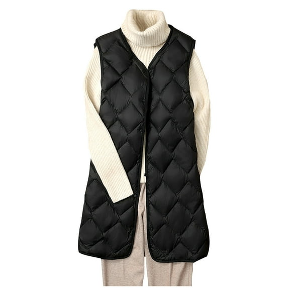 UYISJ Women's Long Puffer Vest Cotton V Neck Button Down Coats Sleeveless Puffy Jacket Casual Winter Outerwear Tops XL