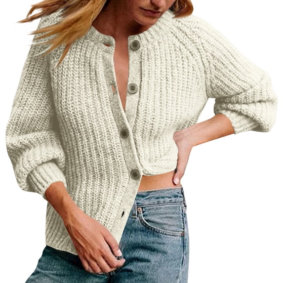 UYISJ Women's Long Sleeve Cardigan Sweater Crew Neck Button Down Cardigans Ribbed Open Front Knit Outerwear Fall Solid Color Tops Beige S