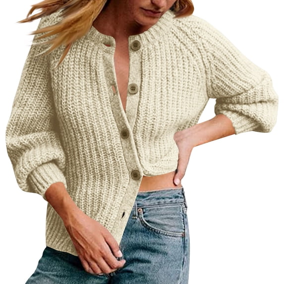 UYISJ Women's Long Sleeve Cardigan Sweater Crew Neck Button Down Cardigans Ribbed Open Front Knit Outerwear Fall Solid Color Tops Khaki M