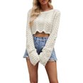 thumbnail image 1 of UYISJ Women's Long Sleeve Crop Tops Bell Sleeve Crew Neck Hollow Out Cover Up Solid Color Loose Fit Sweater Knitted Pullover Top Beige S, 1 of 5
